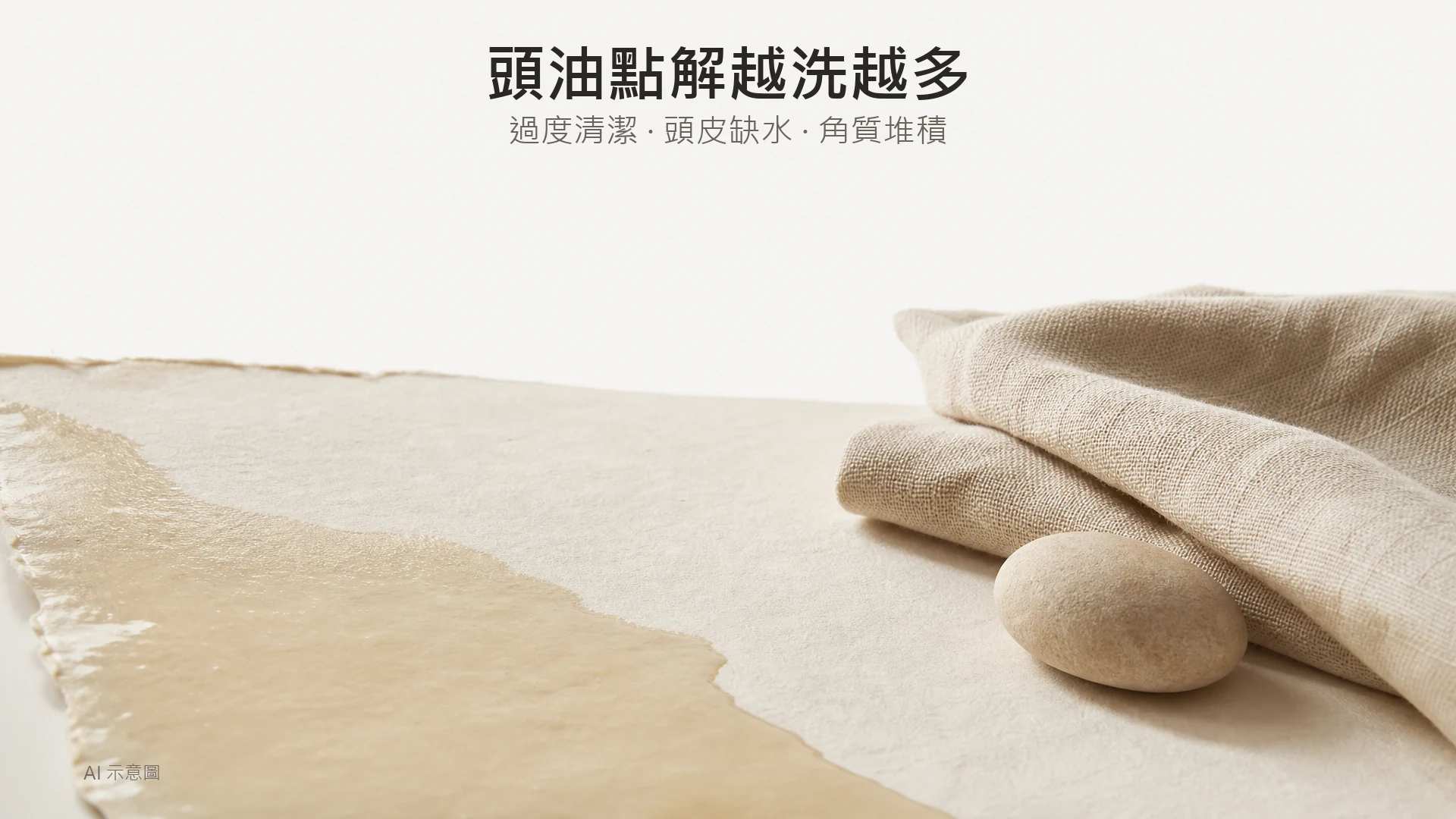 暖象牙色調材質隱喻靜物,未漂白啞面紙上一抹柔和油光,旁有乾爽亞麻布;AI 示意圖。