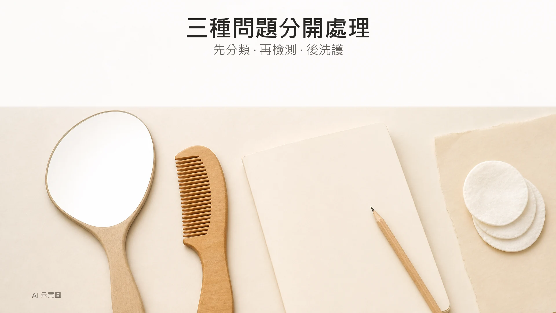 暖米色檯面平放照,素色鏡子、無品牌木梳、空白筆記本及棉棒排列整齊;AI 示意圖。