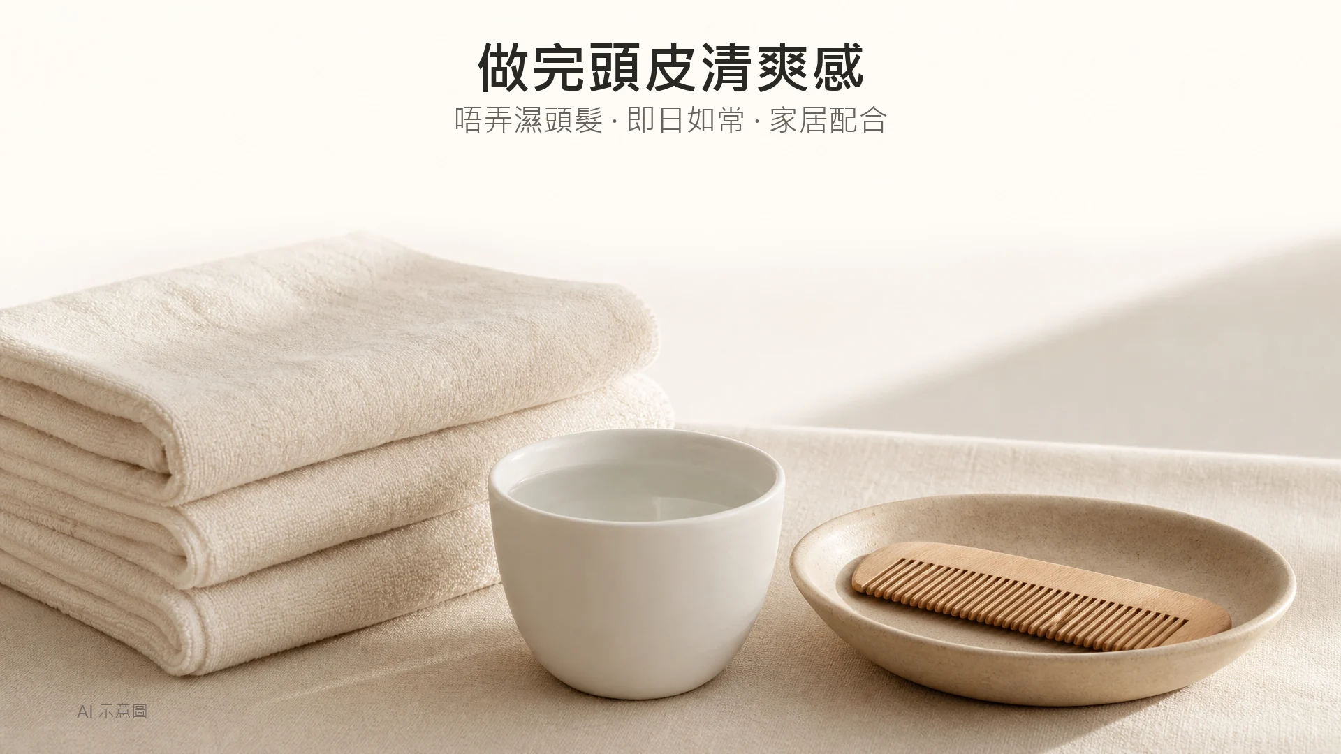 暖米色摺疊毛巾靜物照,旁有無標籤白瓷杯及淺陶碟,柔和日光斜照;AI 示意圖。