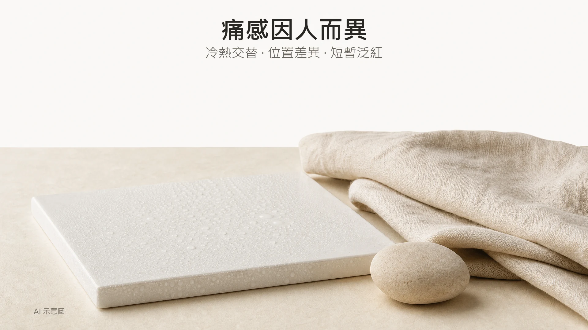 暖米色靜物照,啞白陶瓷面凝結細微水珠,旁放折疊米色亞麻布;AI 示意圖。