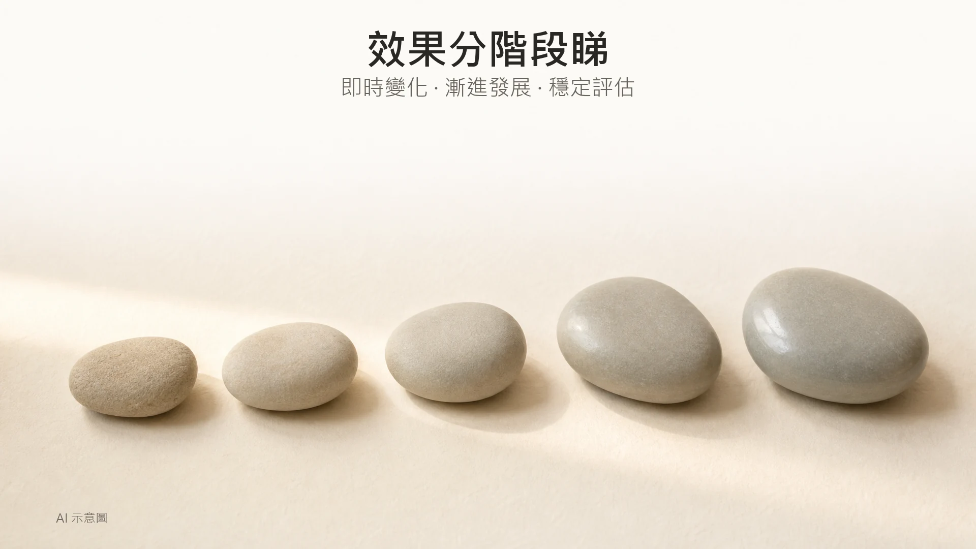 暖米色編輯插畫,象牙色紙上數顆素色石子依柔和弧線排列;AI 示意圖。