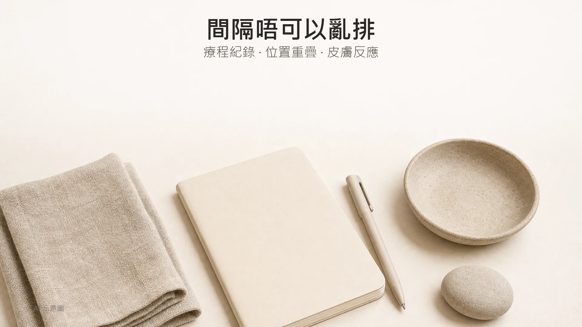 暖米色檯面平放照，空白無線筆記本、素色筆、折疊亞麻布及淺陶碟；AI 示意圖。